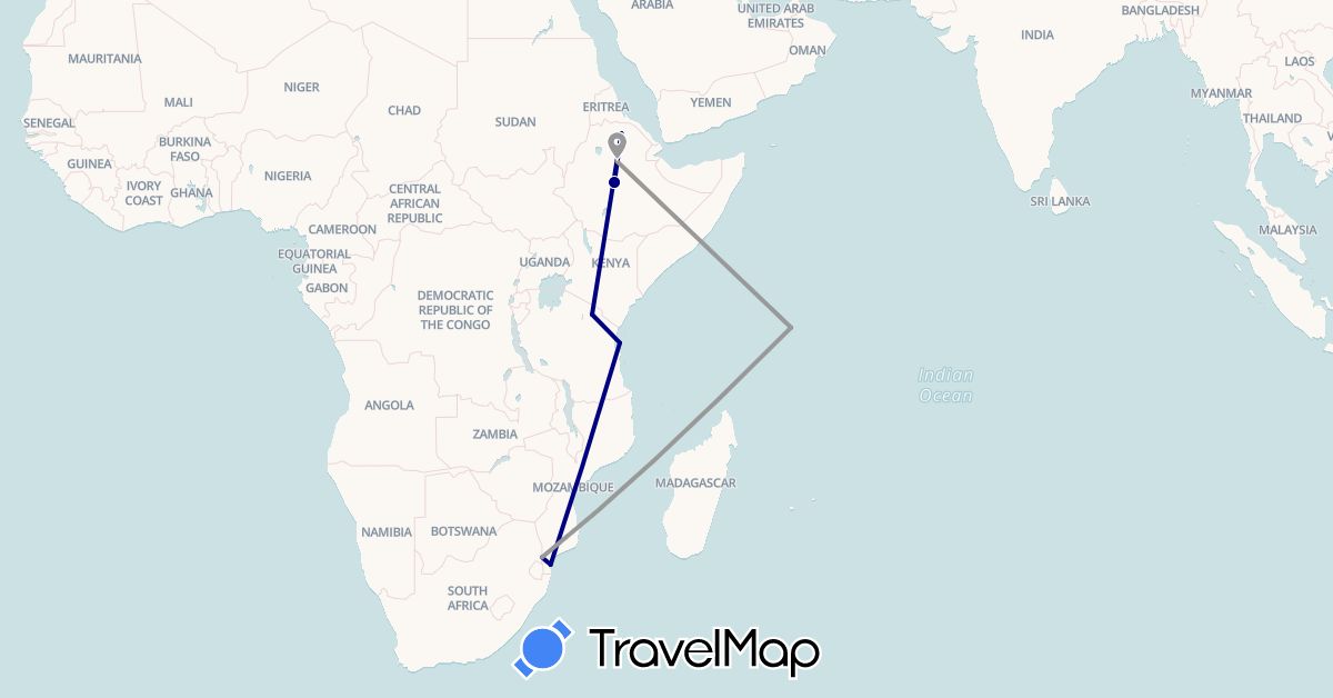 TravelMap itinerary: driving, plane in Ethiopia, Mozambique, Seychelles, Tanzania, South Africa (Africa)